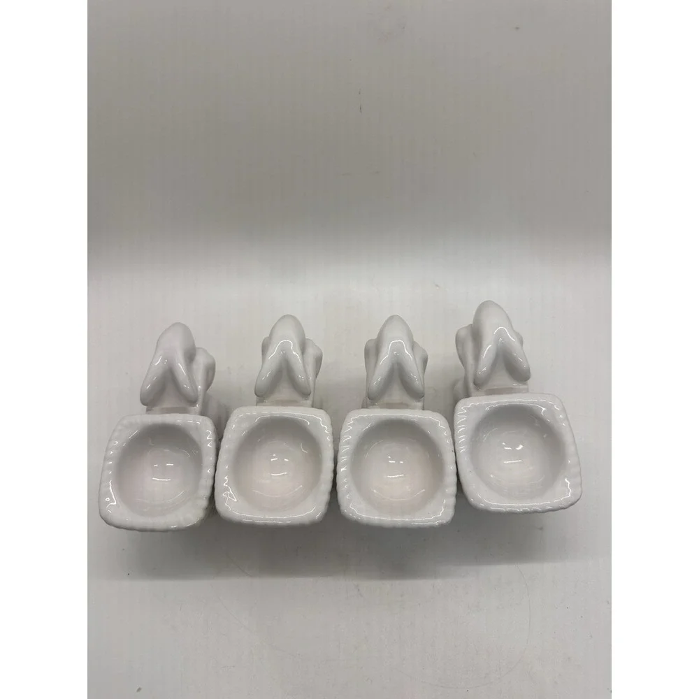 Pottery Barn Bunny Wagon‎ Egg Cups Set 4 White Ceramic Easter Holders